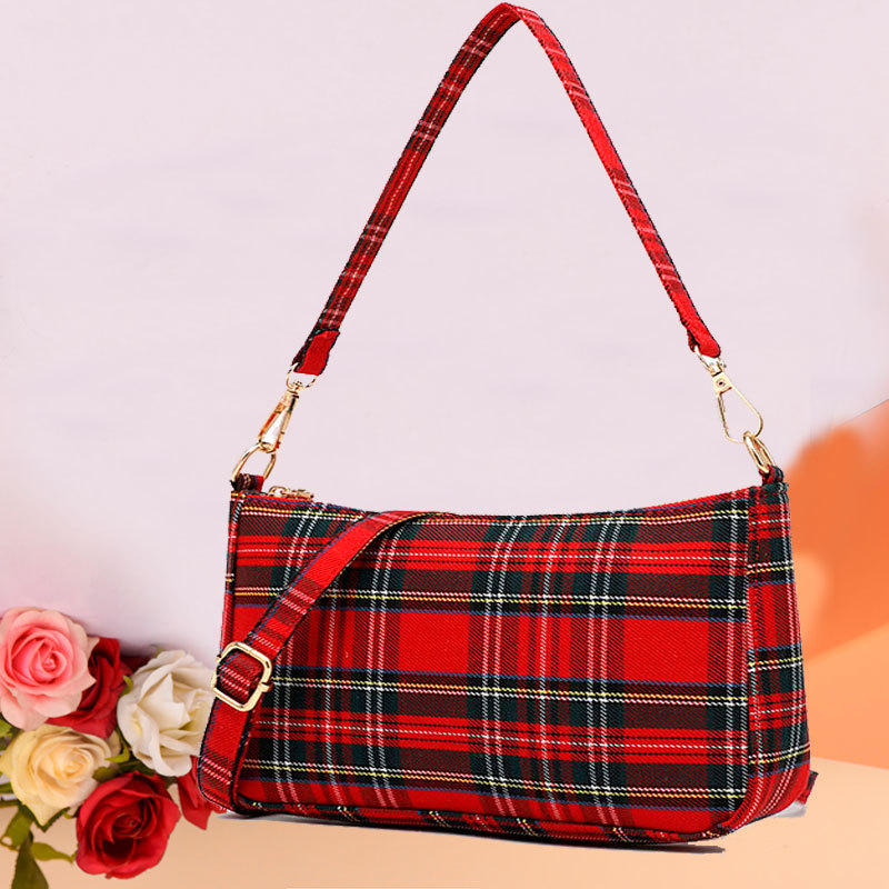 女包包2025欧美格子法棍腋下包帆布包文艺复古斜跨单肩包法棍包