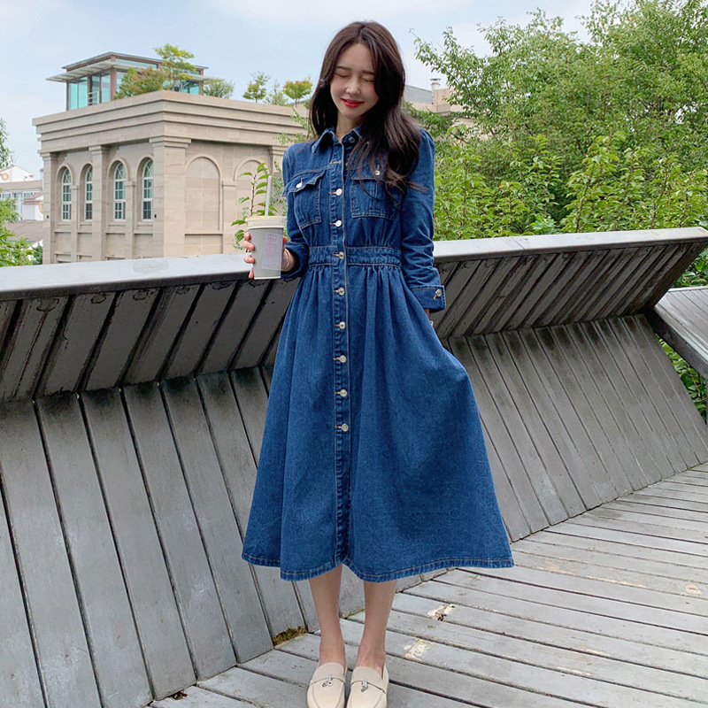 In-Stock 2026 Autumn New Korean Style Elegant Waist-Cinching Slimming Elastic Waist Flared Long Denim Dress