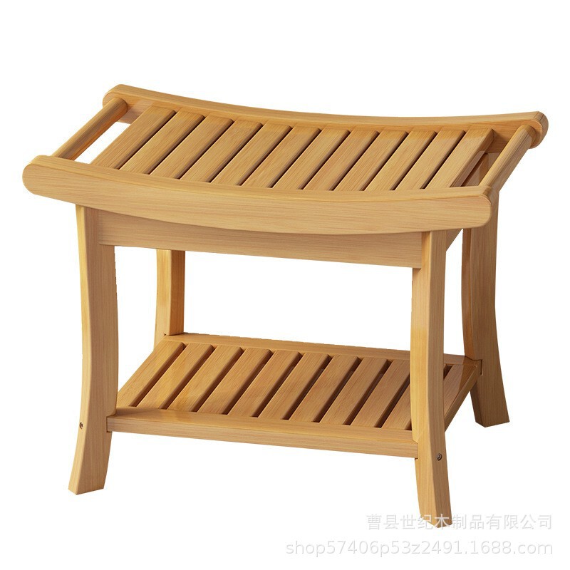 Bamboo and Wood Bathroom Stool for Home Use, Entryway Shoe-Changing Stool, Bathroom Two-Tier Storage Rack, Bath Towel Storage Stool, Bathroom Square Stool