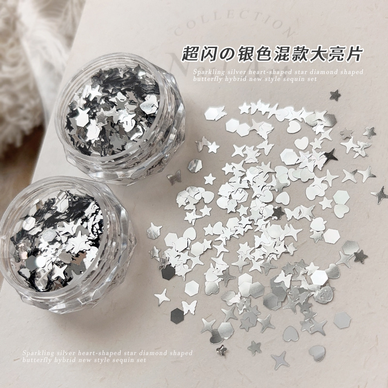 2026 New Model Silver Large Sequin Nail Art Decorations Mixed Set Starburst Heart Pentagram Butterfly Wearable Nail Stickers