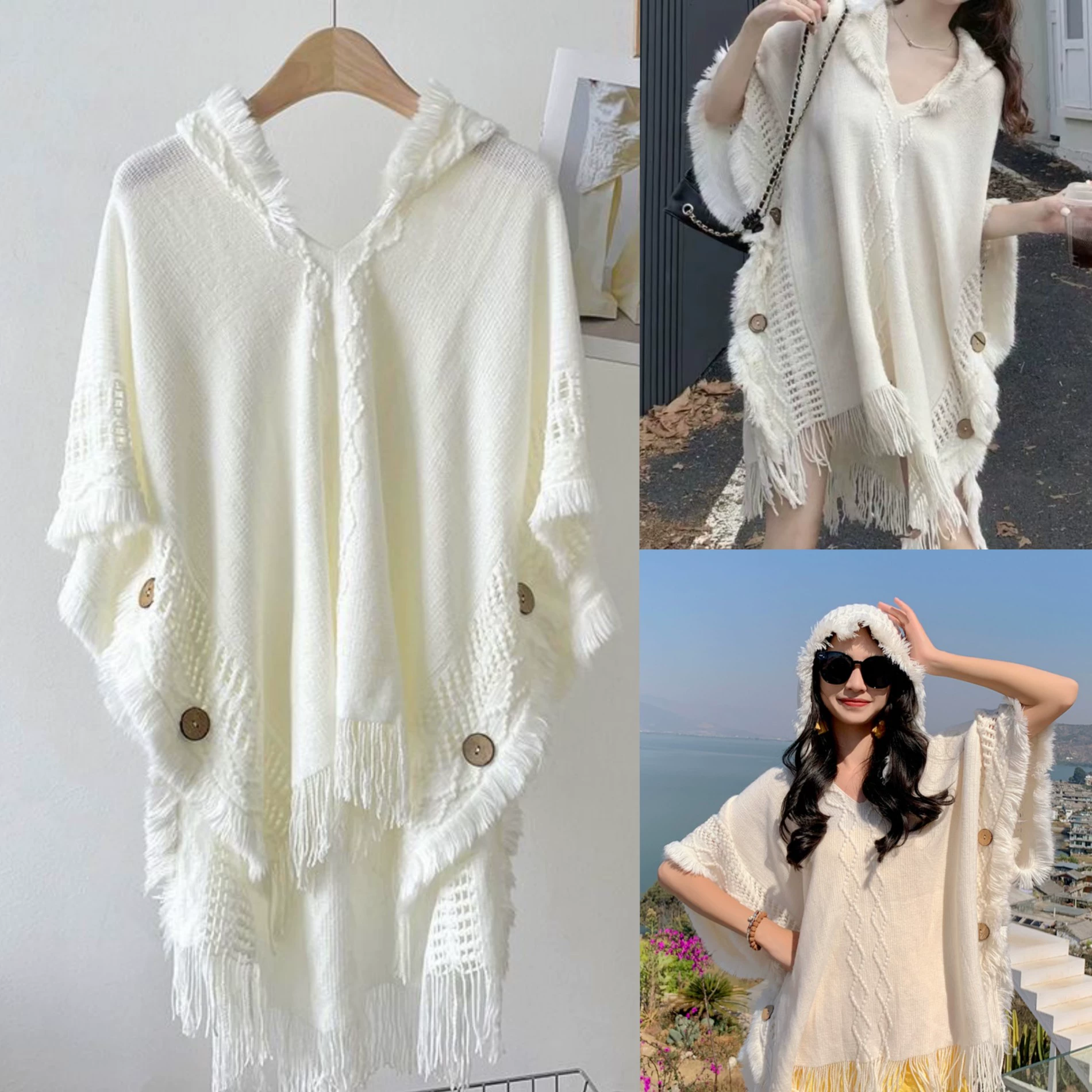 Этнический стиль шаль 2023 осень и зима путешествия новая шерстяная жаккардовая шляпа пуловер накидка с кисточками шаль