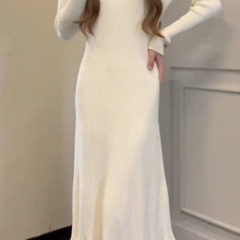 感长袖修身针织打底连衣裙女秋冬大衣内搭针织鱼尾裙温柔长裙
