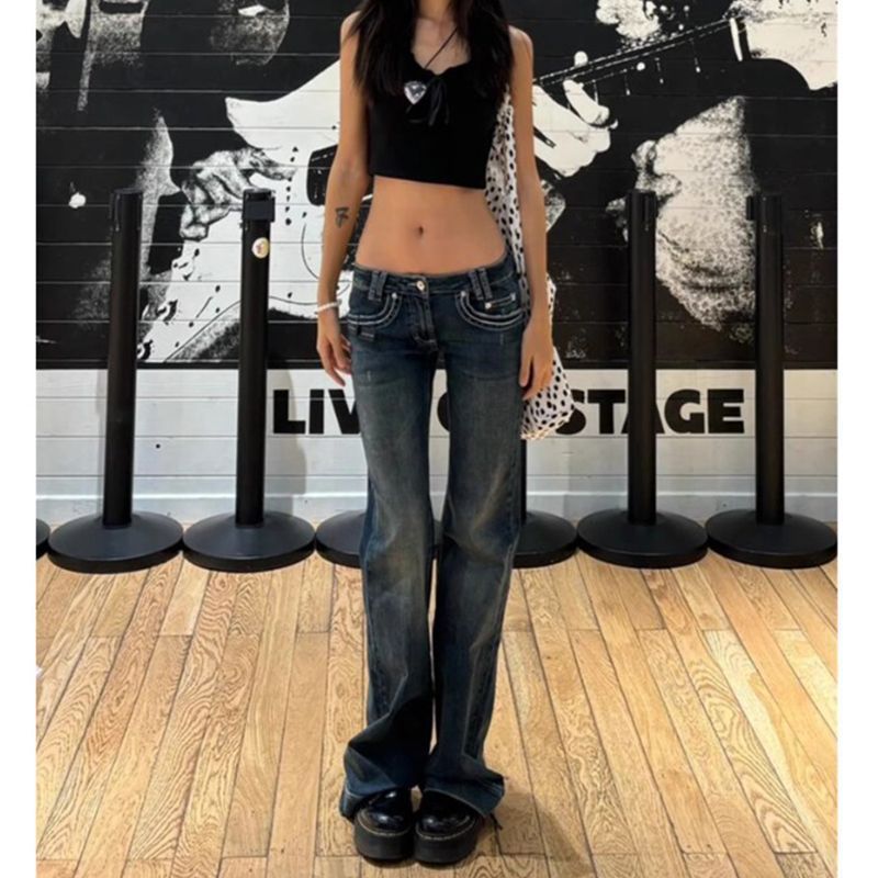 美式vintage复古微喇低腰牛仔裤女修身弹力阔腿拖地百搭马蹄裤子