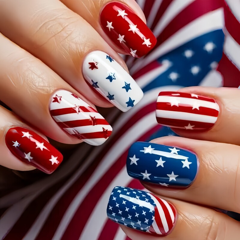 Independence Day Nail Art European Square 24 Pieces Wear Armor Medium Long Removable Red and Blue Star Striped False Nail
