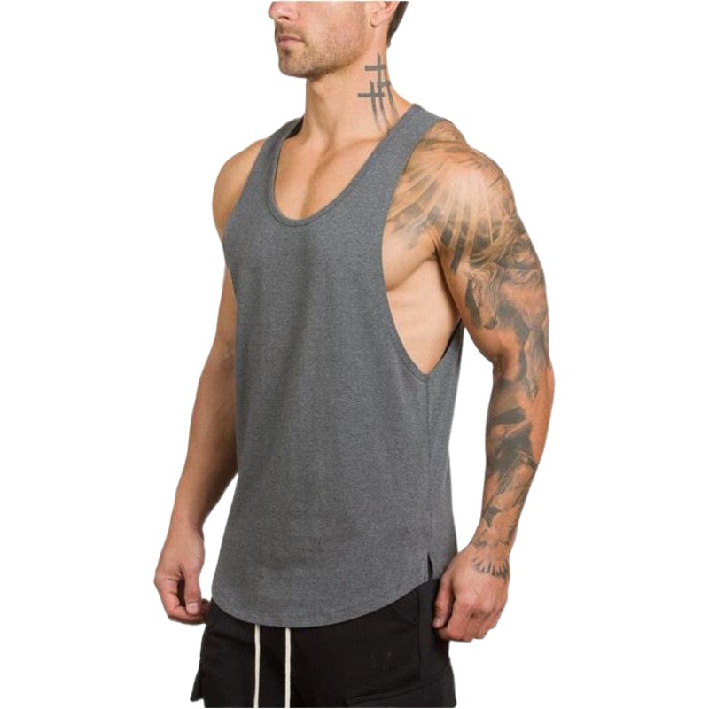 Comercio exterior de los hombres de excavación profunda culturismo fitness Chaleco de color sólido verano con cuello en V entrenamiento integral Deportes camiseta de fondo