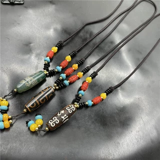 藏式复古九眼天珠玛瑙毛衣链 绿色龙纹玛瑙项链 回纹玛瑙挂坠