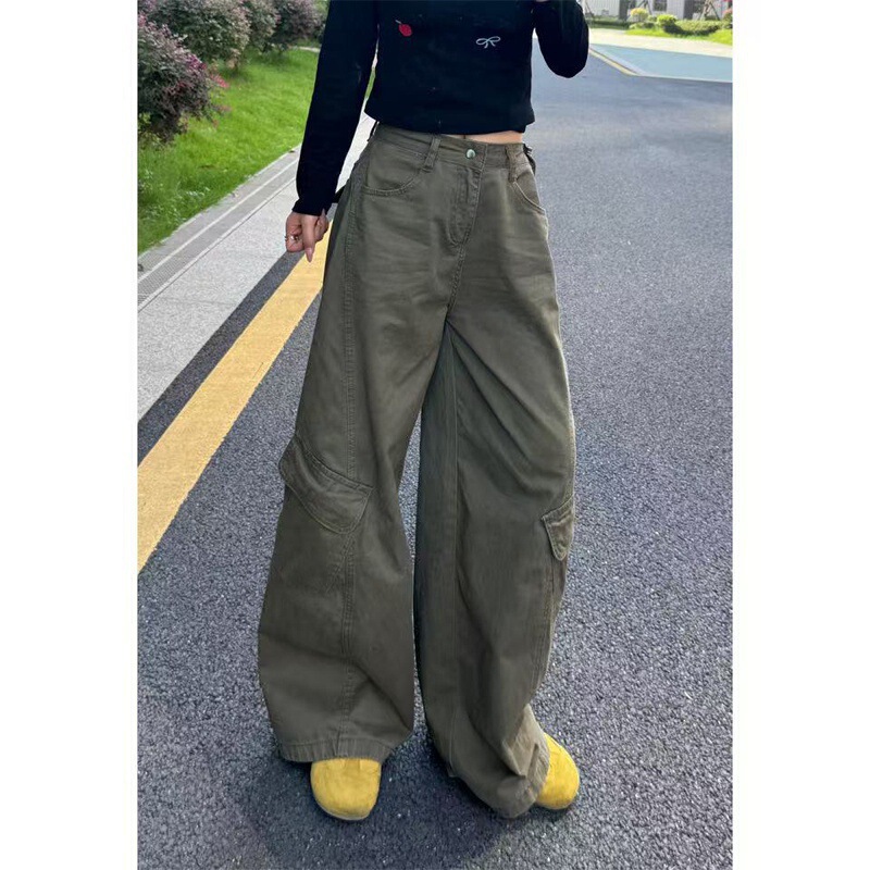 Green Cargo Jeans for Women, Autumn and Winter New Style, Plus Size, Pear-Shaped Figure, High-Waisted, Slimming, Straight-Leg Wide-Leg Pants
