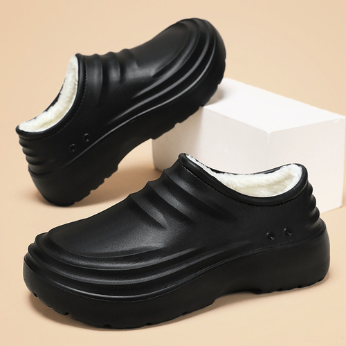 Men's Autumn/Winter New Anti-Slip Waterproof Fleece-Lined Warm Chef Shoes with Toe Cover, Cotton Slippers for Men