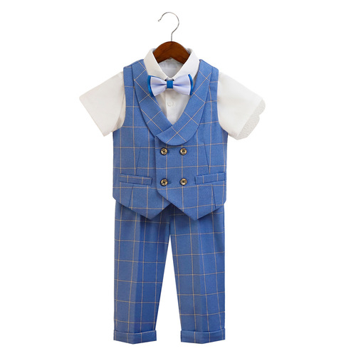 Children's suit spring and summer new Korean version plaid vest two-piece set boy baby performance suit flower girl wedding dress