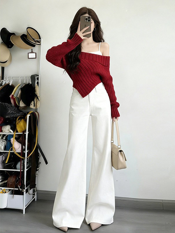 Women's High-rise White Embroidered Flared Jeans Boho Style Spring_voghion.com