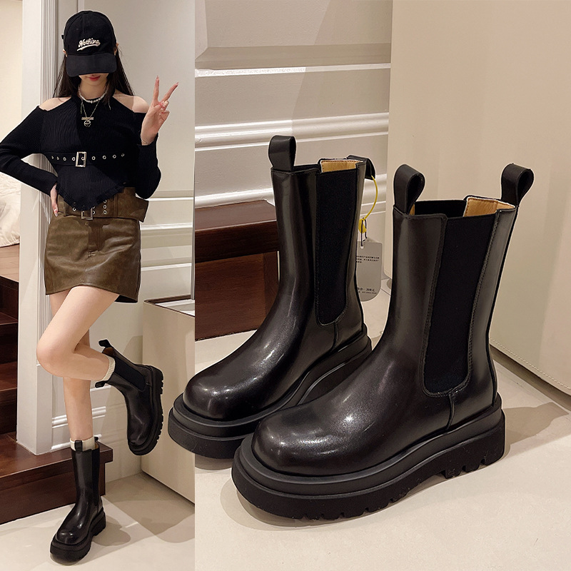 Black Thick-Soled Boots for Women 2025 Spring & Fall New Fashion British Style Mid-Calf Boots Chelsea Chimney Short Boots