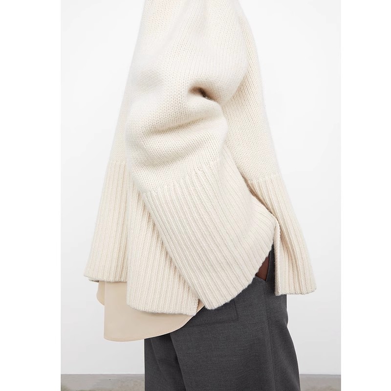 TT裾オープンフォークタートルネックカシミヤセーターレディースゆるい長袖前ショートバックロングニット上着冬新作