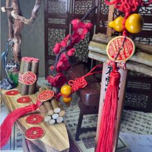 东南桃木枝葫芦挂件中国结挂件涂朱砂东南桃木枝山鬼花钱桃木枝