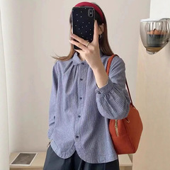 新款秋气质复古港风设计感休闲百搭衬衫2025蓝色条纹衬衣女A6754