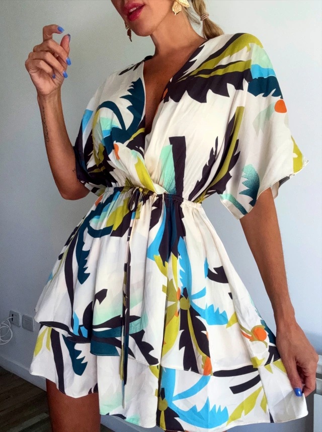 Abstract Print V-Neck Midi Dress With Tie Waist, Flowy Short Sleeve Summer Dress For Vacation & Casual Outings_ecoleips.com