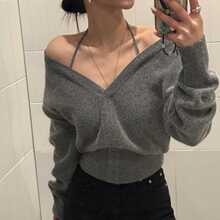 chic韩国小众设计感简约V领轻熟百搭挂脖两穿一字肩针织衫女