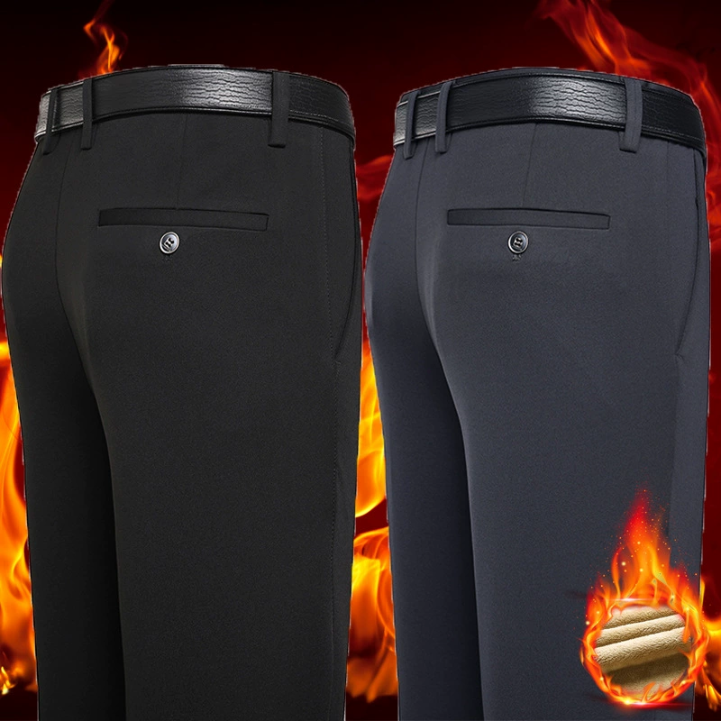 Осенние и зимние толстые мужские деловые повседневные брюки среднего возраста прямые эластичные прямые брюки с высокой талией и бархатными брюками против морщин