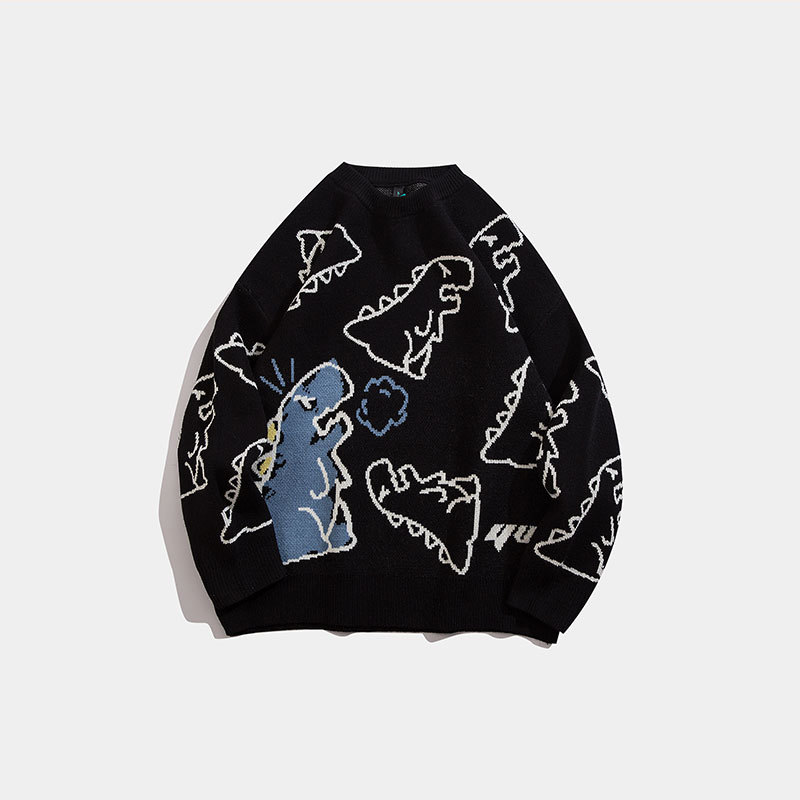 Vêtements pour hommes 2024 Hong Kong style couple porte neutre petit dinosaure décontracté pull ample femme tout match pull col rond_voghion.com
