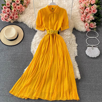 2021 Summer French Style Retro Lapel Pleated Dress with Tie Waist Bubble Sleeves Slim-Fit Slimming Long Dress