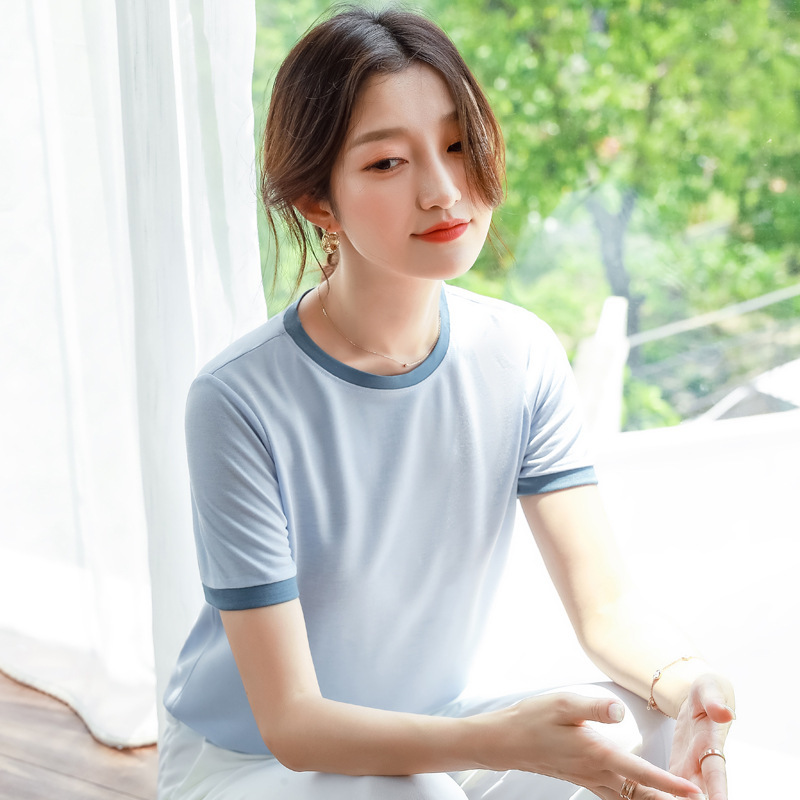 115 Satin Glitter Stitching Short-sleeved T-shirt Women's 2021 Summer New Style Simple Top Trendy Color Contrast Round Neck