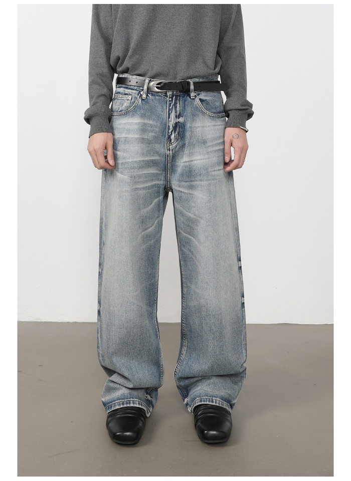 Quần jeans nam ống rộng lưng giữa, dáng suông thoải mái, chất denim washed — màu xanh, màu xanh nhạt, màu xám đen chi tiết 18