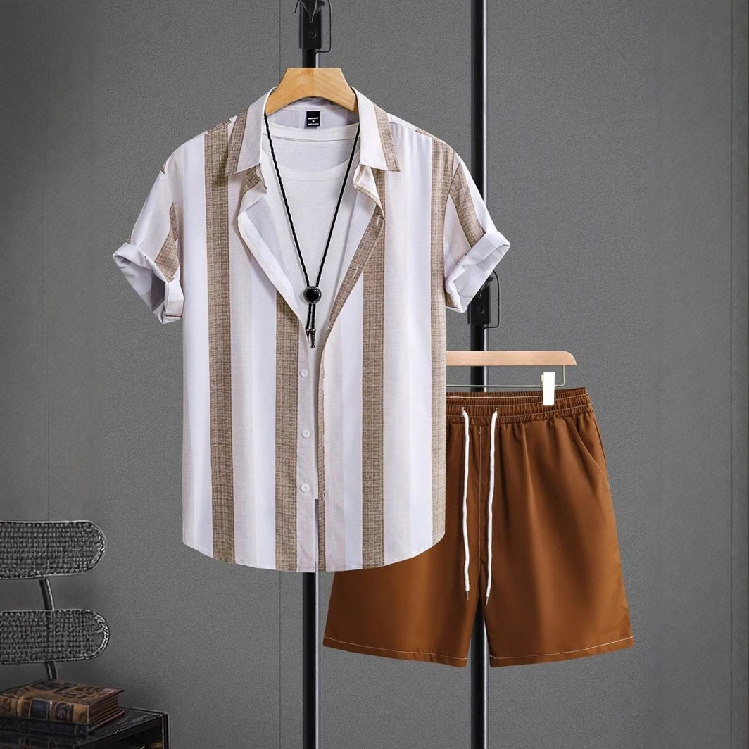 Sencillo contraste color rayas impresión 3D transfronterizo Xiyin venta caliente verano hawaiano vacaciones camisa pantalones cortos traje