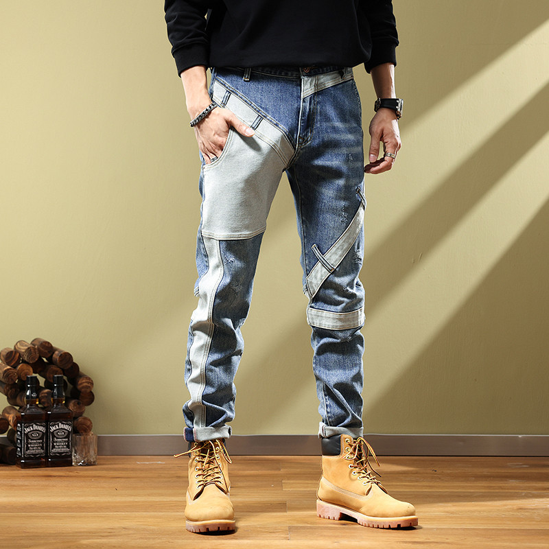 Winter Retro Patchwork Motorcycle Stretch Jeans Men's Trendy Slim Fit Skinny Versatile Casual Trousers