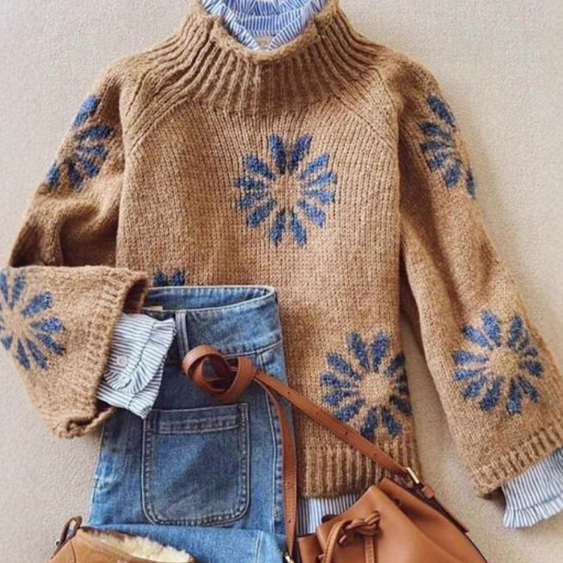 Foreign Trade Cross-Border European and American Amazon Source Manufacturer Knitted Pullover Sweater Flower Rib Women's Autumn and Winter Style Foreign Trade Cross-Border European and American Amazon Source Manufacturer Knitted Pullover Sweater Flower Rib Women's Autumn and Winter Style