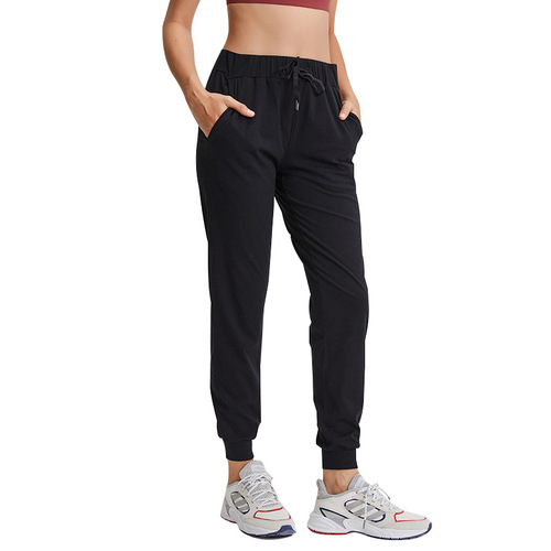 Spring and summer new style elastic waisted yoga pants, simple straight sports and casual elastic leg-tie nine-point pants for women