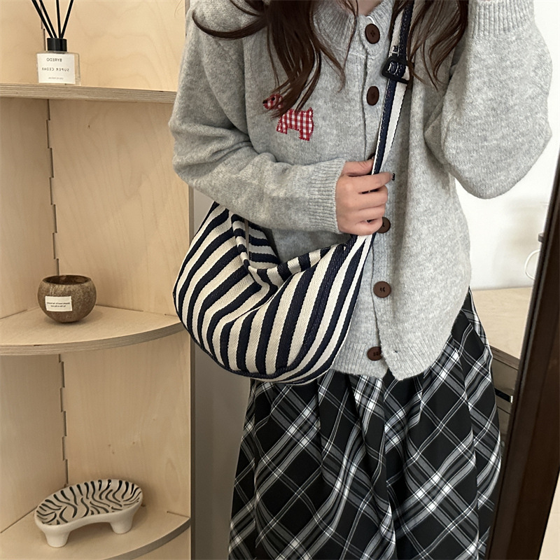 Bolso de mano coreano retro simple pequeño bolso de lona a rayas frescas, moda casual de gran capacidad bolso de hombro de mujer