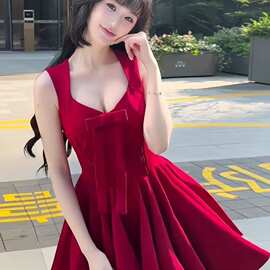 法式玫瑰人生四米裙摆公主吊带蝴蝶结夏季千金无袖收腰连衣裙裙子