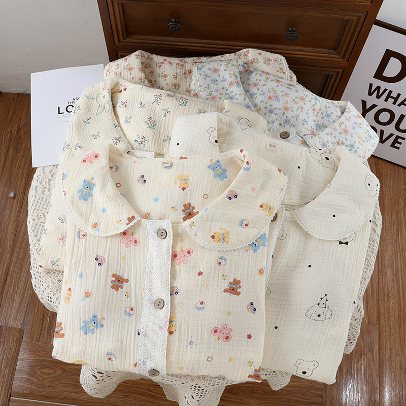 Chest Pad Cotton Double-Layer Yarn Lace Long-Sleeved Trousers suit Loose Pajamas Home Clothes Double Pocket Edition