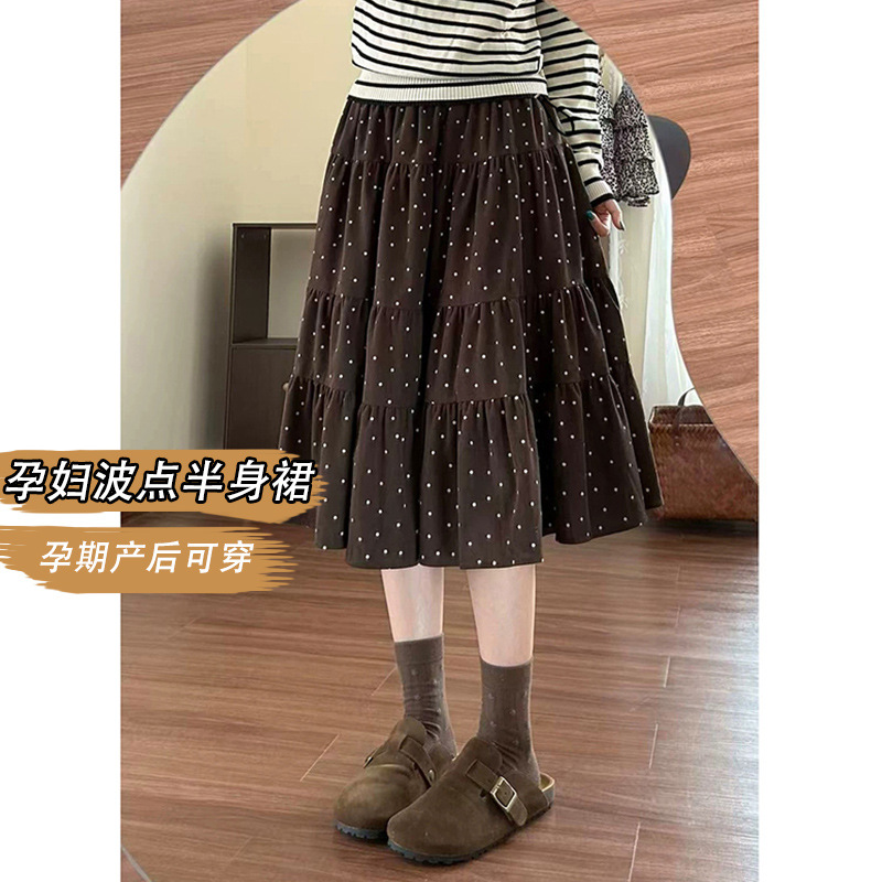 Maternity half skirt, plus size, retro polka dot design, women's autumn/winter slimming A-line skirt with a high waist and a flared hem