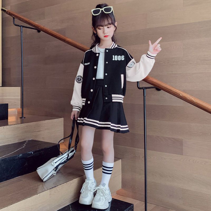 女童jk棒球服套装2025春秋新款洋气时髦女大童学院风百褶裙两件套|undefined