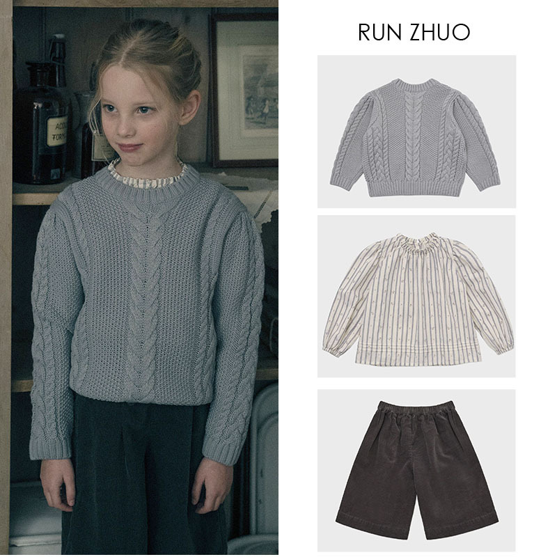 现货LOU女童套装 2026跨境新款蓝色羊毛毛衣娃娃衫灯芯绒阔腿裤