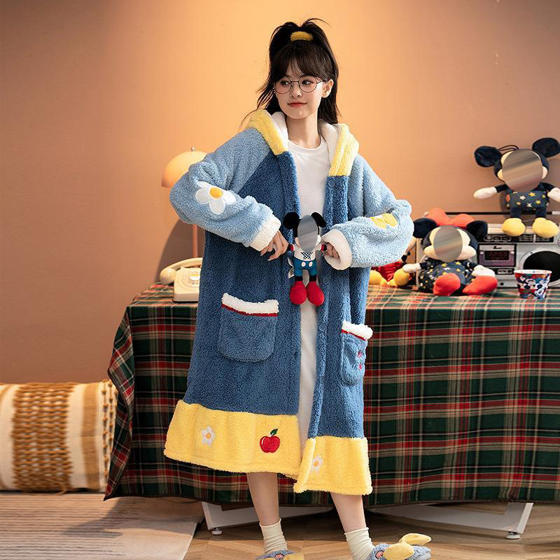 Otoño e Invierno de coral de lana de dibujos animados camisón para las mujeres forrado de lana engrosada homewear camisón franela nieve blanca pijamas traje
