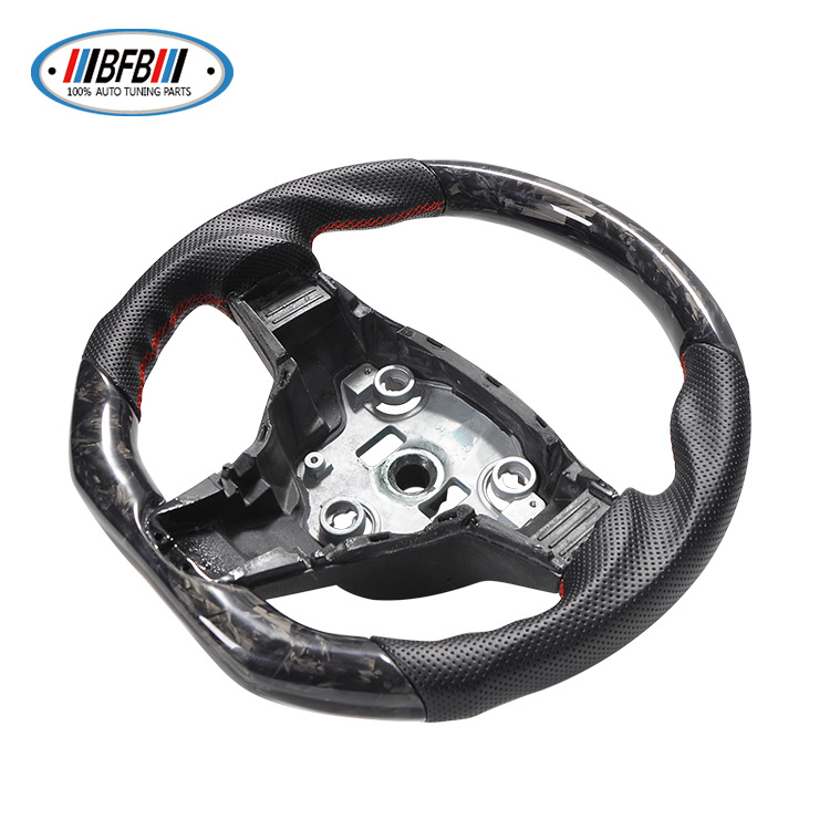 100% Real Carbon Fiber Forged Steering Wheel with Black Perforated Leather and Red Stitching - For Tesla Model Y - Modification