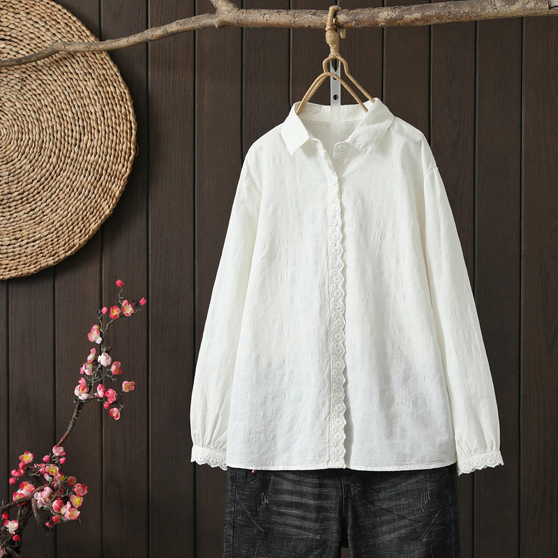 Foreign Trade Spring & Fall New Style Jacquard Placket Cuffs Lace Long-Sleeved Shirt Feminine Slim Shirt Top