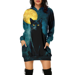 Factory one-piece customized women's clothing new cat print hooded sweater dress women's casual loose pullover women's clothing
