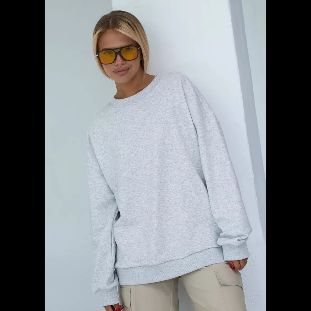 2024 European and American style fashion autumn and winter new Joker loose fleece-lined thick fashion solid color pullover round neck sweater women