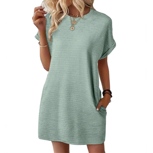 Women's Loose Round Neck Pockets Solid Color Short Sleeve Dress for Amazon Cross-Border E-commerce Independent Store - 2025 Summer New Arrival