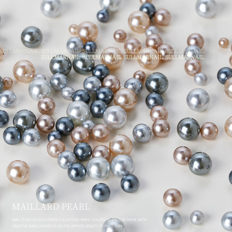 Manicure Maillard color Pearl mixed autumn and winter tea brown round Bright Pearl brown three-dimensional nail jewelry