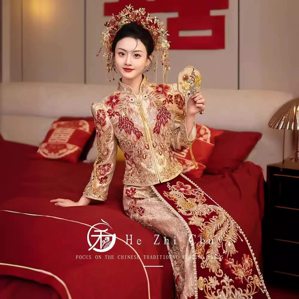Свадебное платье Xiuhe 2025, новое высококачественное свадебное платье в китайском стиле для свадеб, для похудения, с пятью благословениями, халатом дракона и феникса.