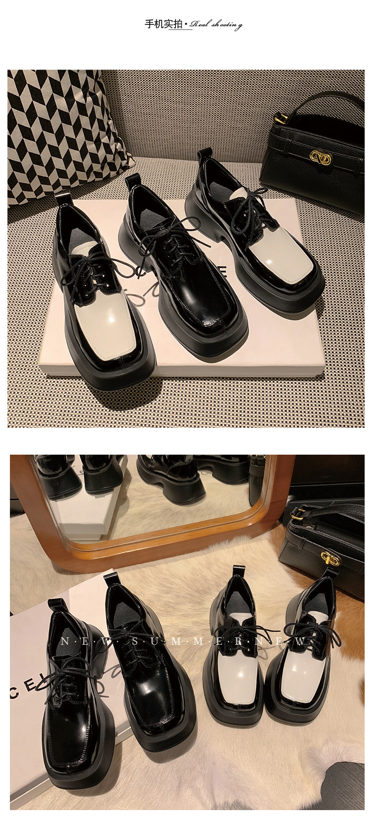 Giày loafer nữ đế xuồng platform da thật buộc dây phối màu đen trắng — màu đen chi tiết 15
