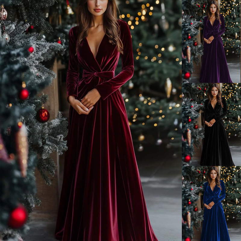 Autumn and Winter New Niche Design Hepburn-Style Korean Velvet V-Neck Dress Elegant Long Dress