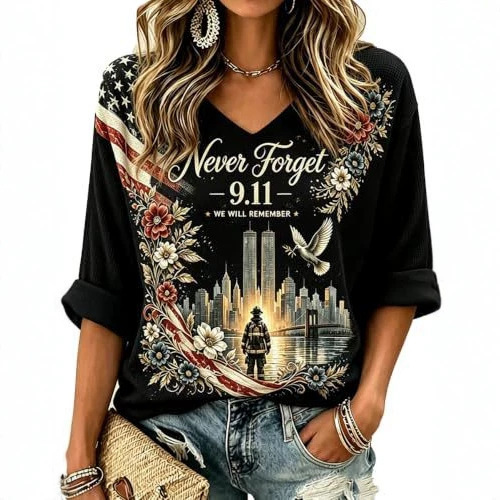 2026 Cross-Border Foreign Trade Amazon Summer New American Twin Towers Floral Print V-Neck Mid-Sleeve T-Shirt Women's Top 2026 Cross-Border Foreign Trade Amazon Summer New American Twin Towers Floral Print V-Neck Mid-Sleeve T-Shirt Women's Top