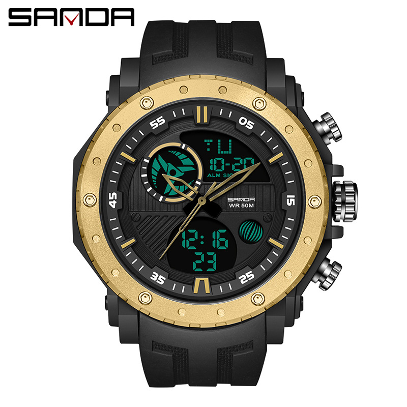 Sanda 6012 reloj de moda multifuncional doble pantalla luminosa reloj electrónico impermeable al aire libre montañismo hombres