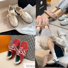 徳訓靴女 ~ 本革レトロ三棒百合色軟底レジャー運動板靴阿甘靴白靴女