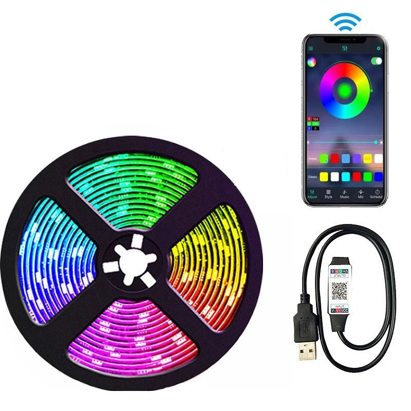 Светодиодная лента 5В 5050/2835 RGB, длина 1–30 м, Bluetooth‑приложение и 24‑кн. пульт