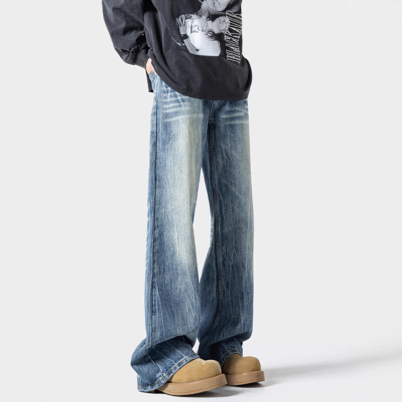 Lightning Pattern Bootcut Jeans for Men 2025 Spring New American Retro Washed Large Size Loose Straight Long Pants